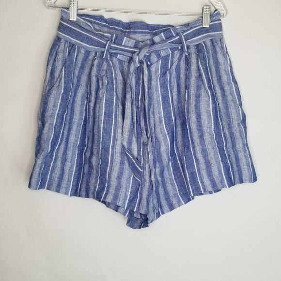 H&M Women's Linen Blend Paperbag Shorts Blue White, Size 12 - Picture 3 of 11